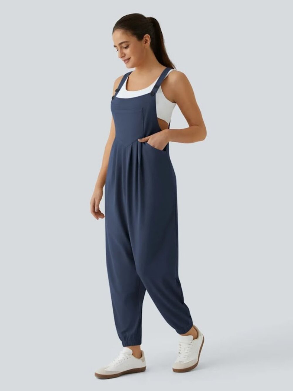 Halara Adjustable Strap Pockets Waffle Casual Jogger Overalls Jumpsuit NAVY Sz M - Picture 3 of 10